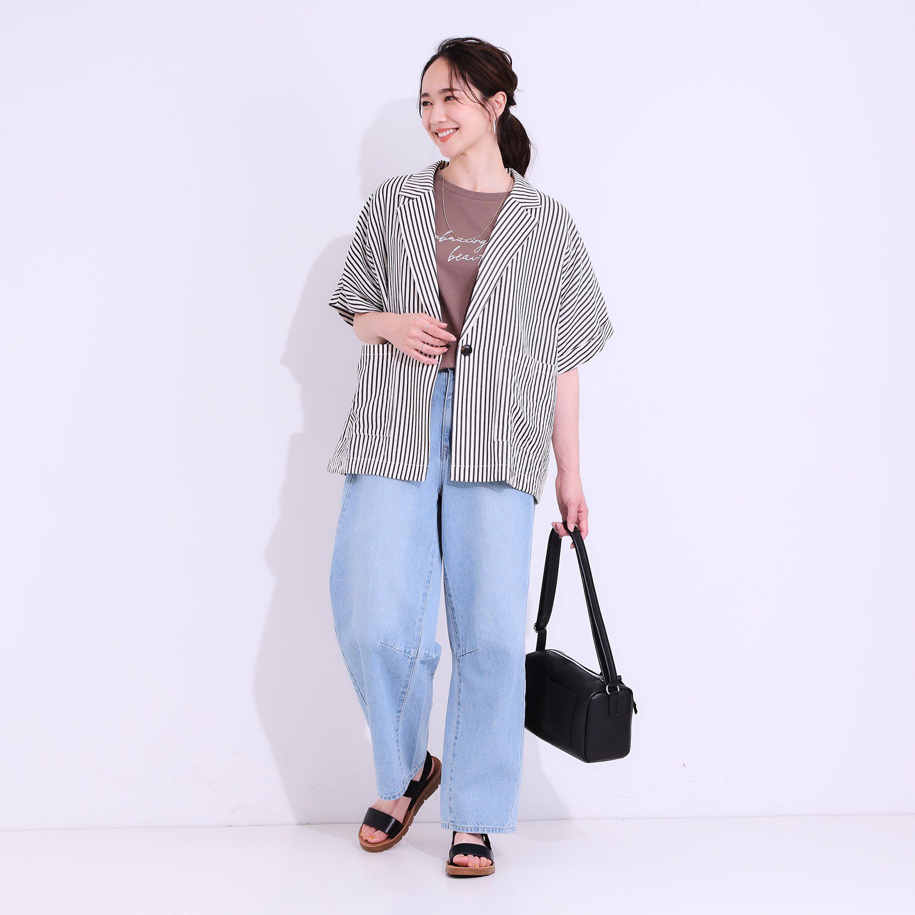 SHOO･LA･RUE「【セットアップ可能/ひんやり/吸水速乾】サッカーストライプ テーラードカラーシャツジャケット」|テーラードジャケット|