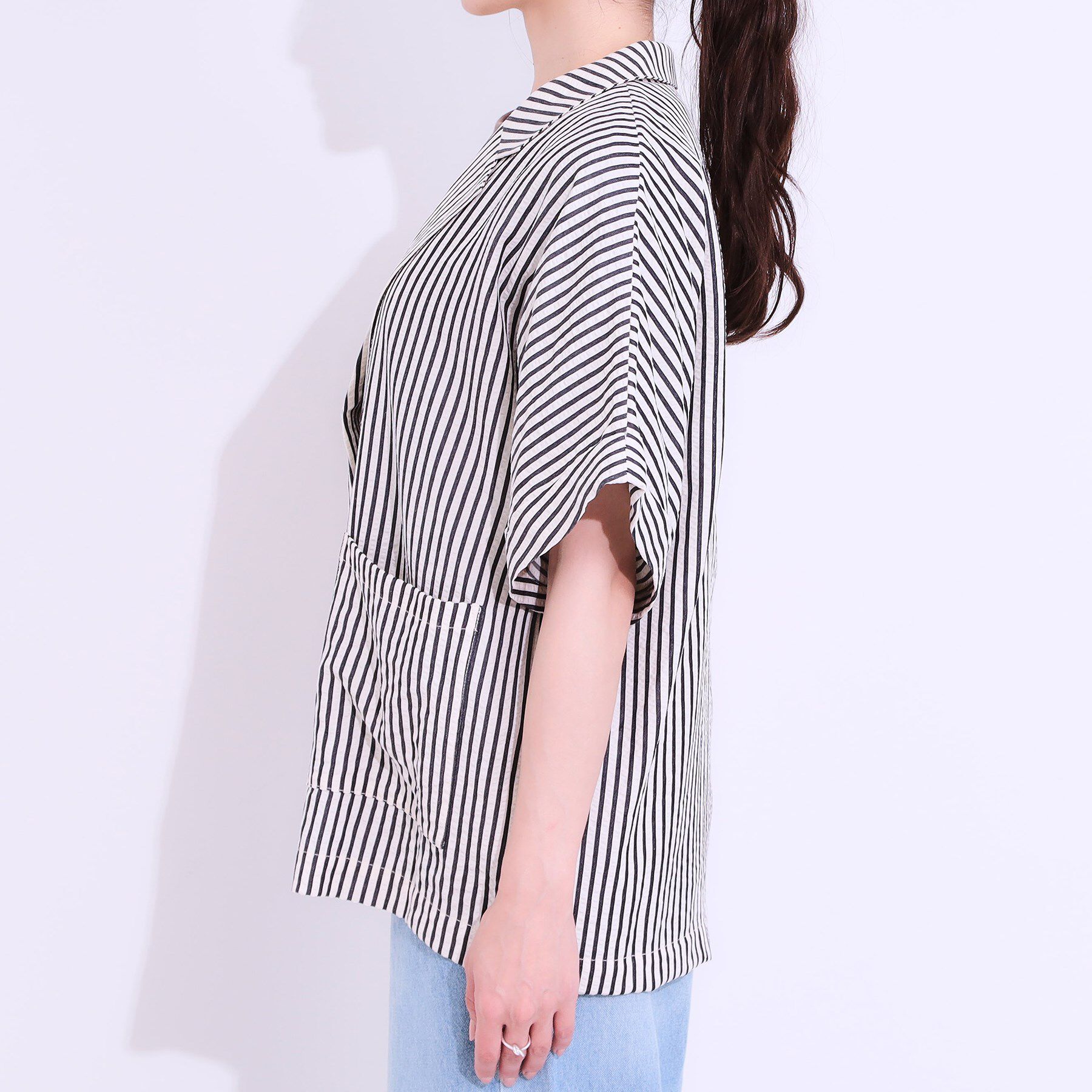 SHOO･LA･RUE「【セットアップ可能/ひんやり/吸水速乾】サッカーストライプ テーラードカラーシャツジャケット」|テーラードジャケット|