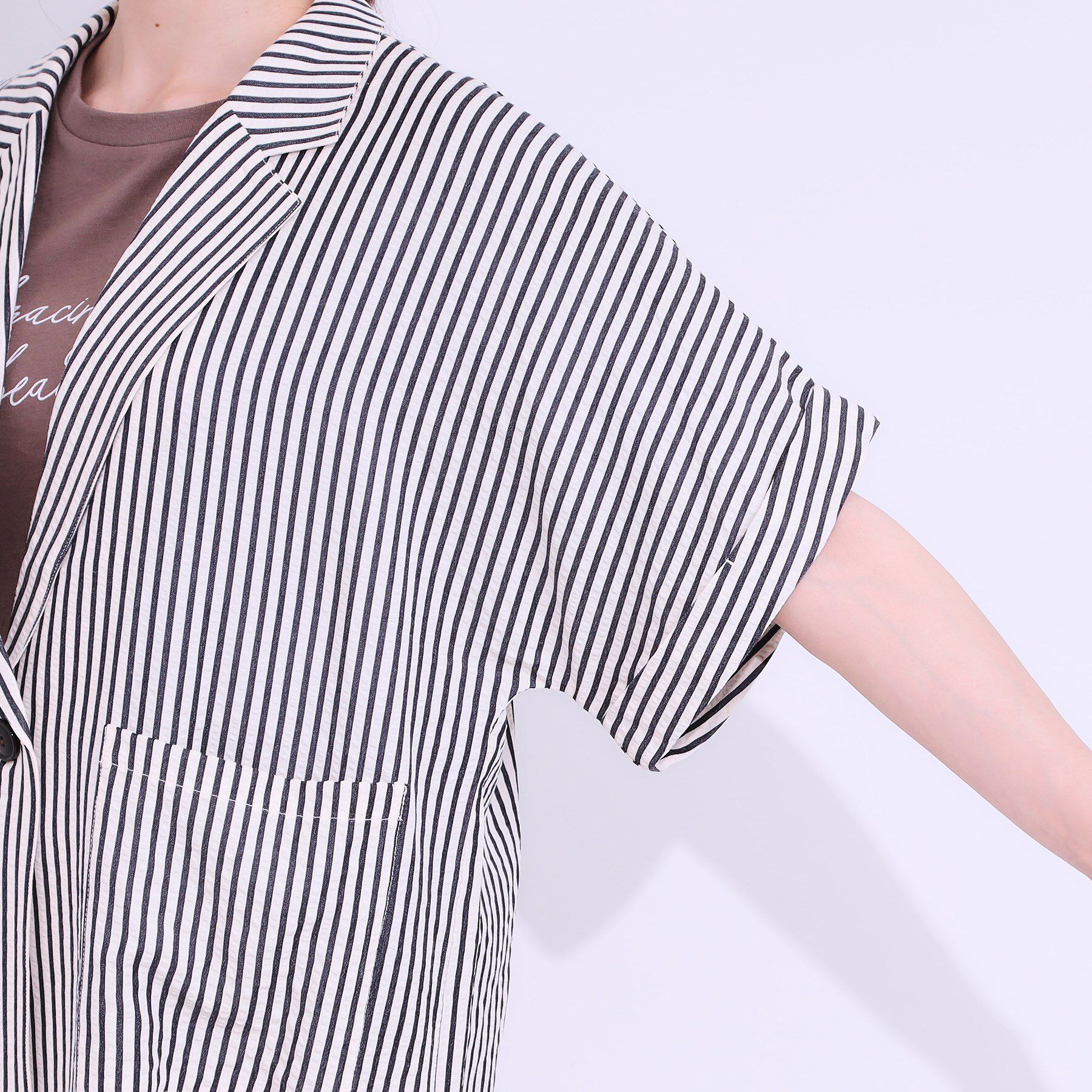 SHOO･LA･RUE「【セットアップ可能/ひんやり/吸水速乾】サッカーストライプ テーラードカラーシャツジャケット」|テーラードジャケット|