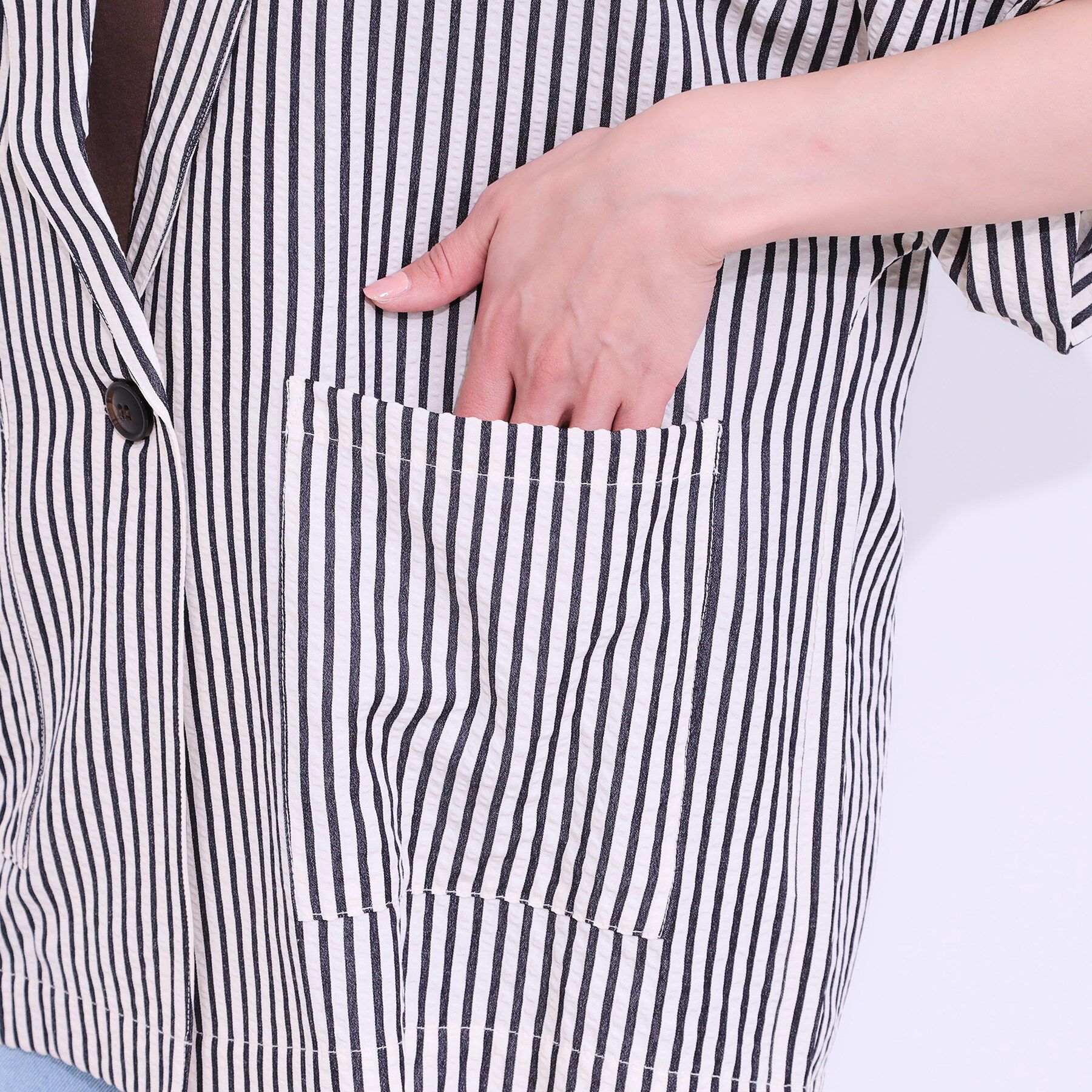 SHOO･LA･RUE「【セットアップ可能/ひんやり/吸水速乾】サッカーストライプ テーラードカラーシャツジャケット」|テーラードジャケット|