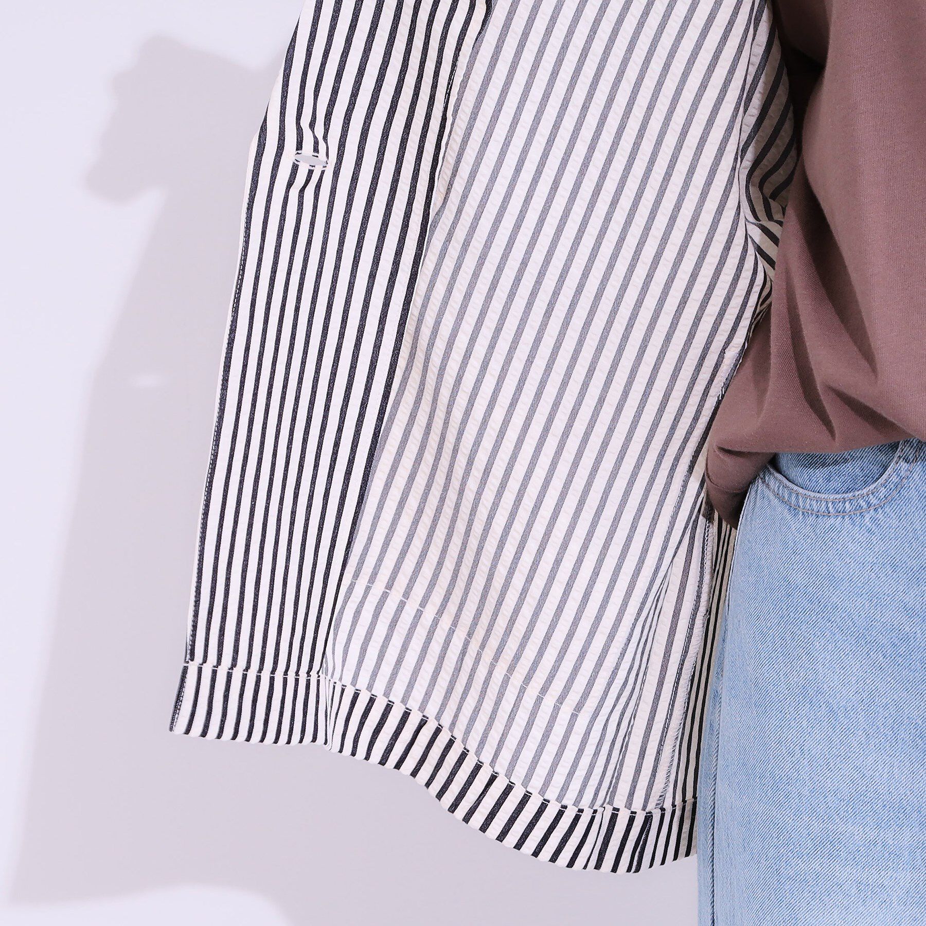 SHOO･LA･RUE「【セットアップ可能/ひんやり/吸水速乾】サッカーストライプ テーラードカラーシャツジャケット」|テーラードジャケット|