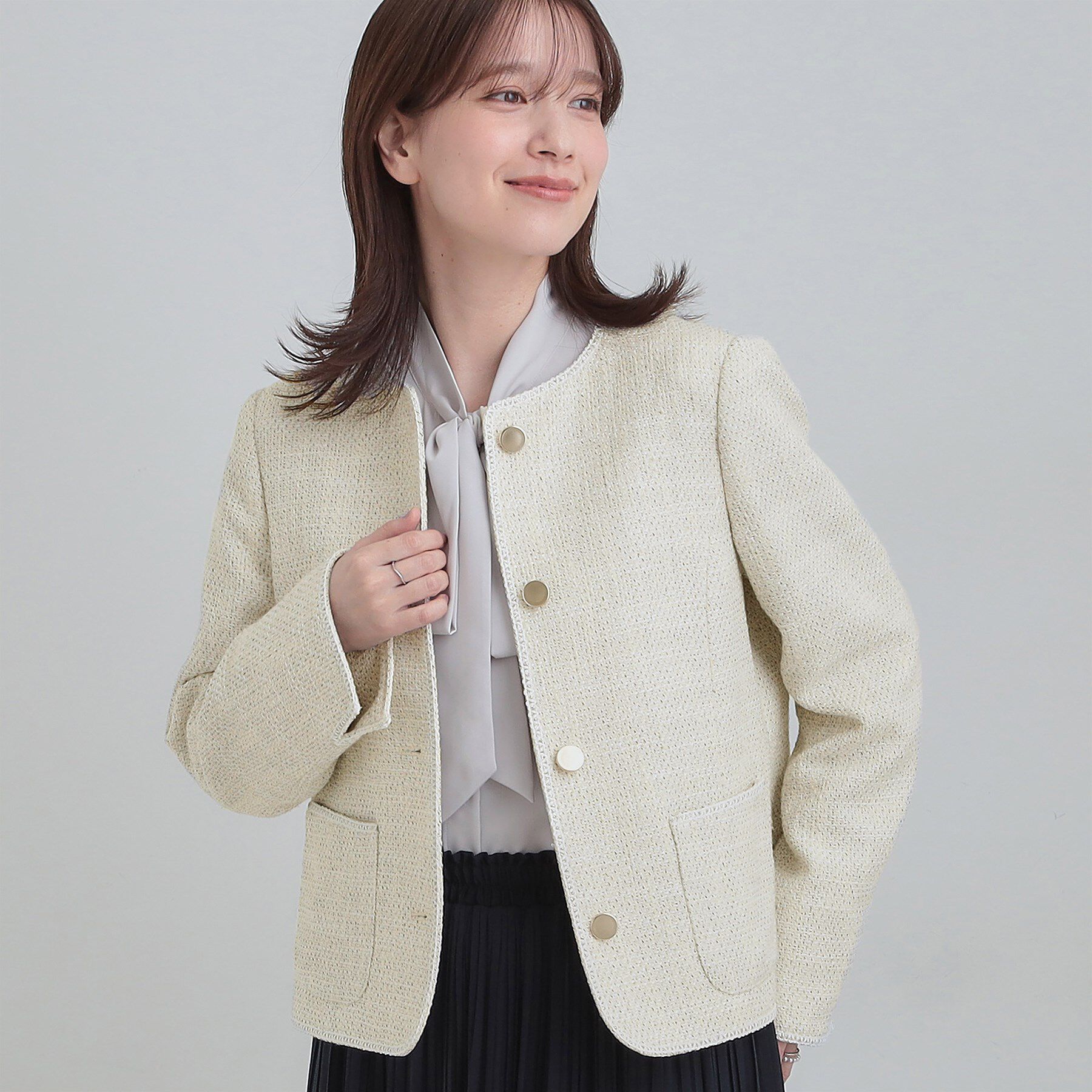 SHOO･LA･RUE「【S-3L】柔らかく軽い ライトツイードジャケット」|ノーカラージャケット|オフホワイト(403