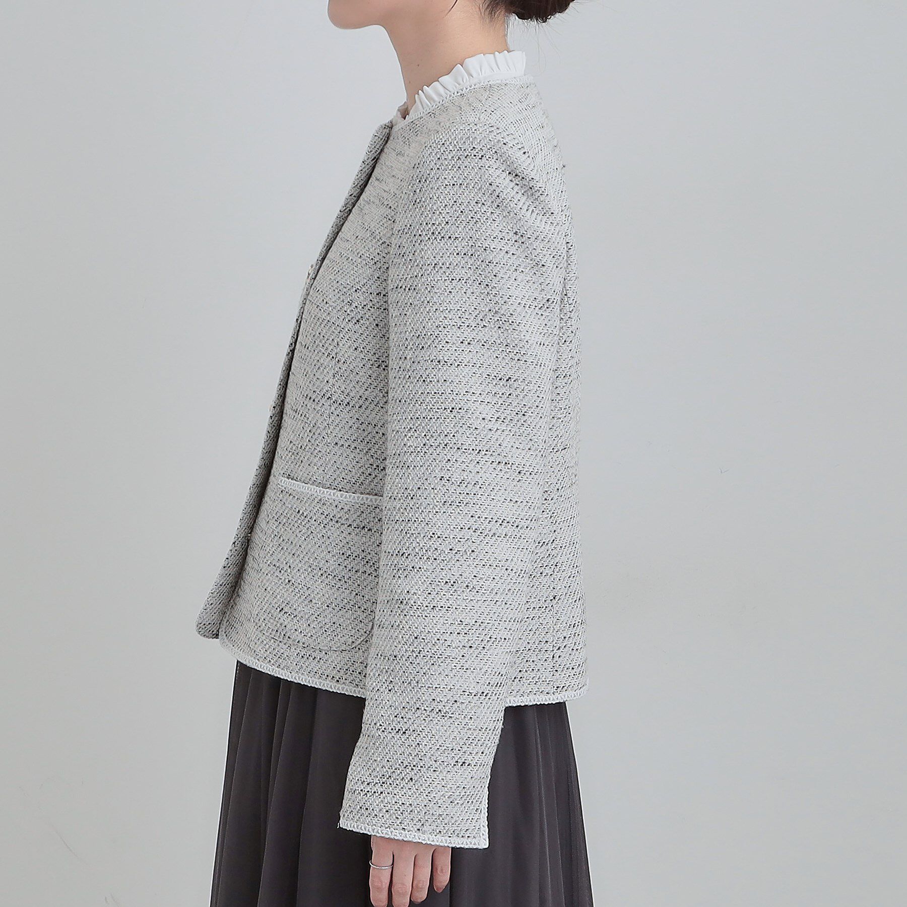 SHOO･LA･RUE「【S-3L】柔らかく軽い ライトツイードジャケット」|ノーカラージャケット|