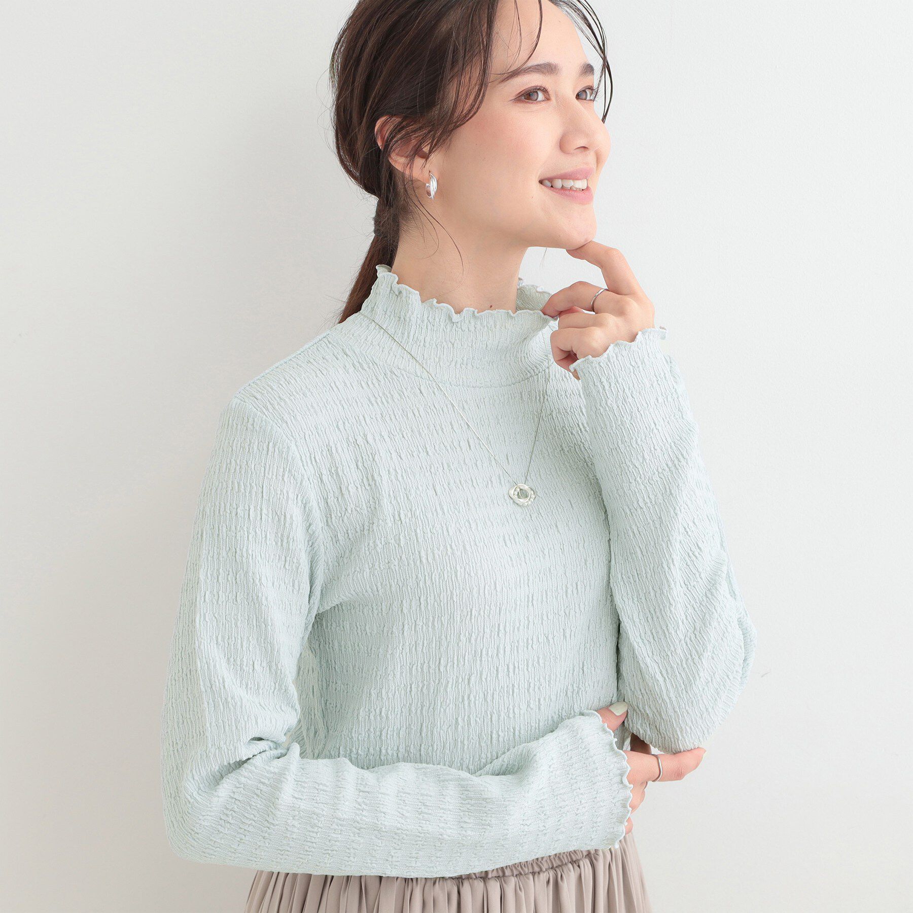 SHOO･LA･RUE「【洗濯機可/S-LL】レイヤードスタイルにも ぽこぽこジャカード ハイネックトップス」|Tシャツ・カットソー|サックスブルー(09