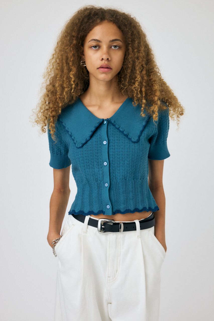 MOUSSY「KNIT LACEWORK COLLAR カーディガン」|ニット・セーター|L/BLU1