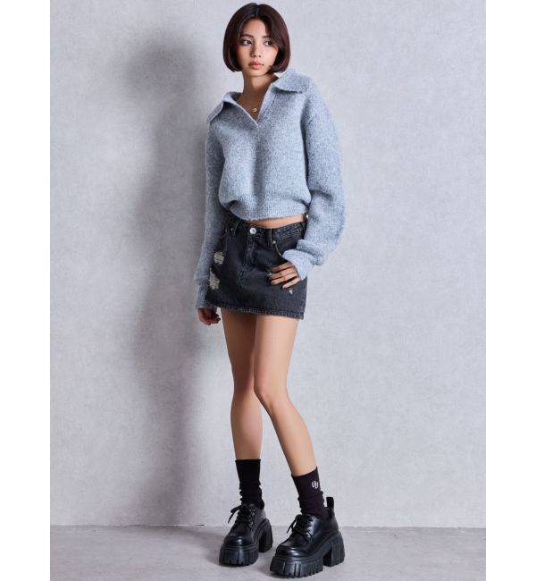 GYDA「ハイウエストダメージスカートライクデニムショートパンツ」|スカート|