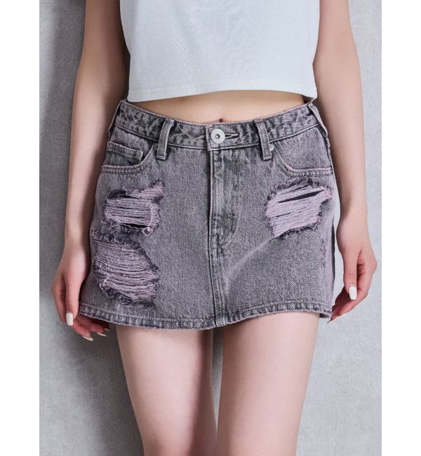 GYDA「ハイウエストダメージスカートライクデニムショートパンツ」|スカート|ピンク