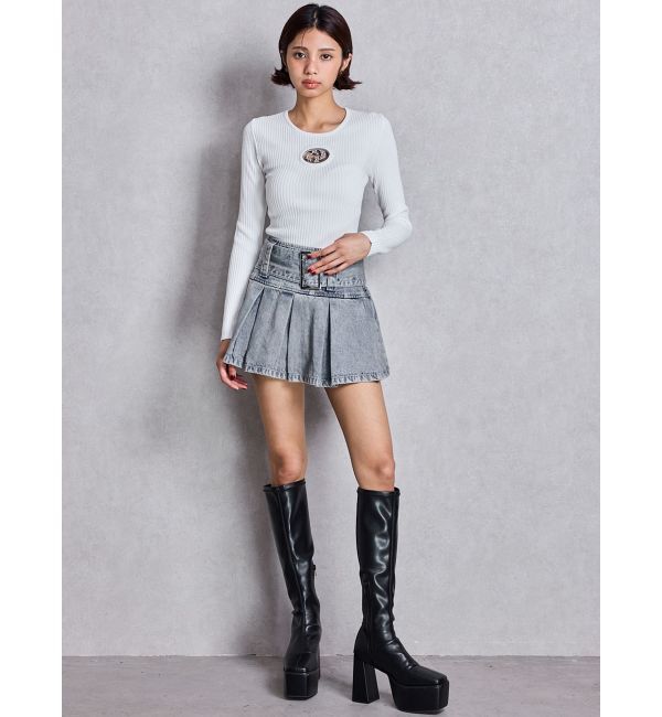 GYDA「ハイウエストWIDE BELTプリーツデニムスカートライクショートパンツ」|スカート|