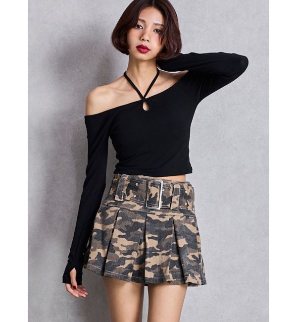 GYDA「ハイウエストWIDE BELTプリーツデニムスカートライクショートパンツ」|スカート|