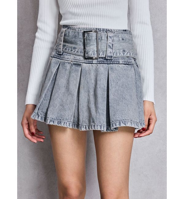 GYDA「ハイウエストWIDE BELTプリーツデニムスカートライクショートパンツ」|スカート|