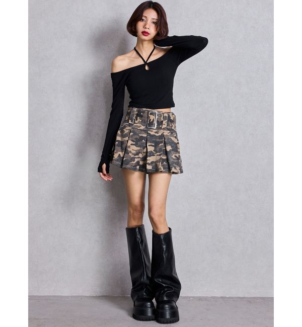 GYDA「ハイウエストWIDE BELTプリーツデニムスカートライクショートパンツ」|スカート|