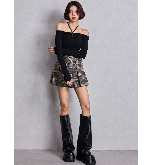 GYDA「ハイウエストWIDE BELTプリーツデニムスカートライクショートパンツ」|スカート|