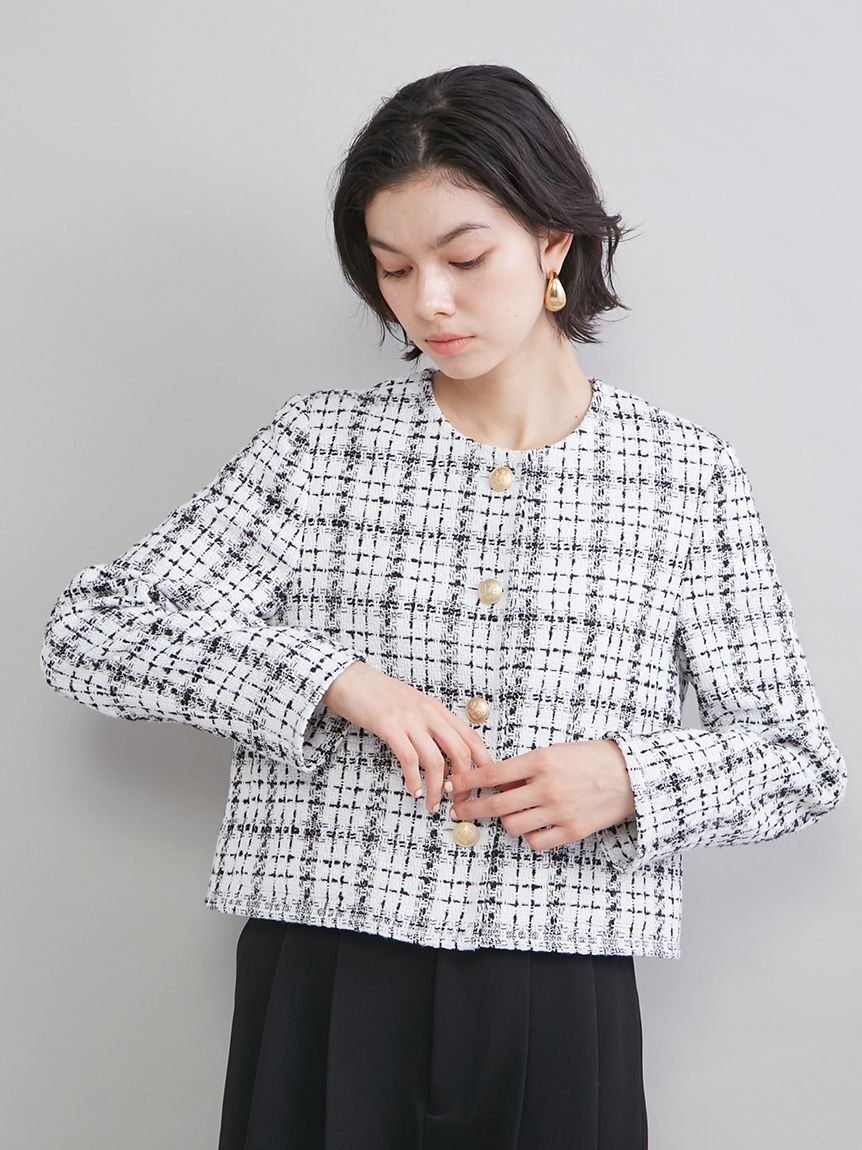 Mila Owen「クロップド金釦コンパクトツイードジャケット」|ノーカラージャケット|