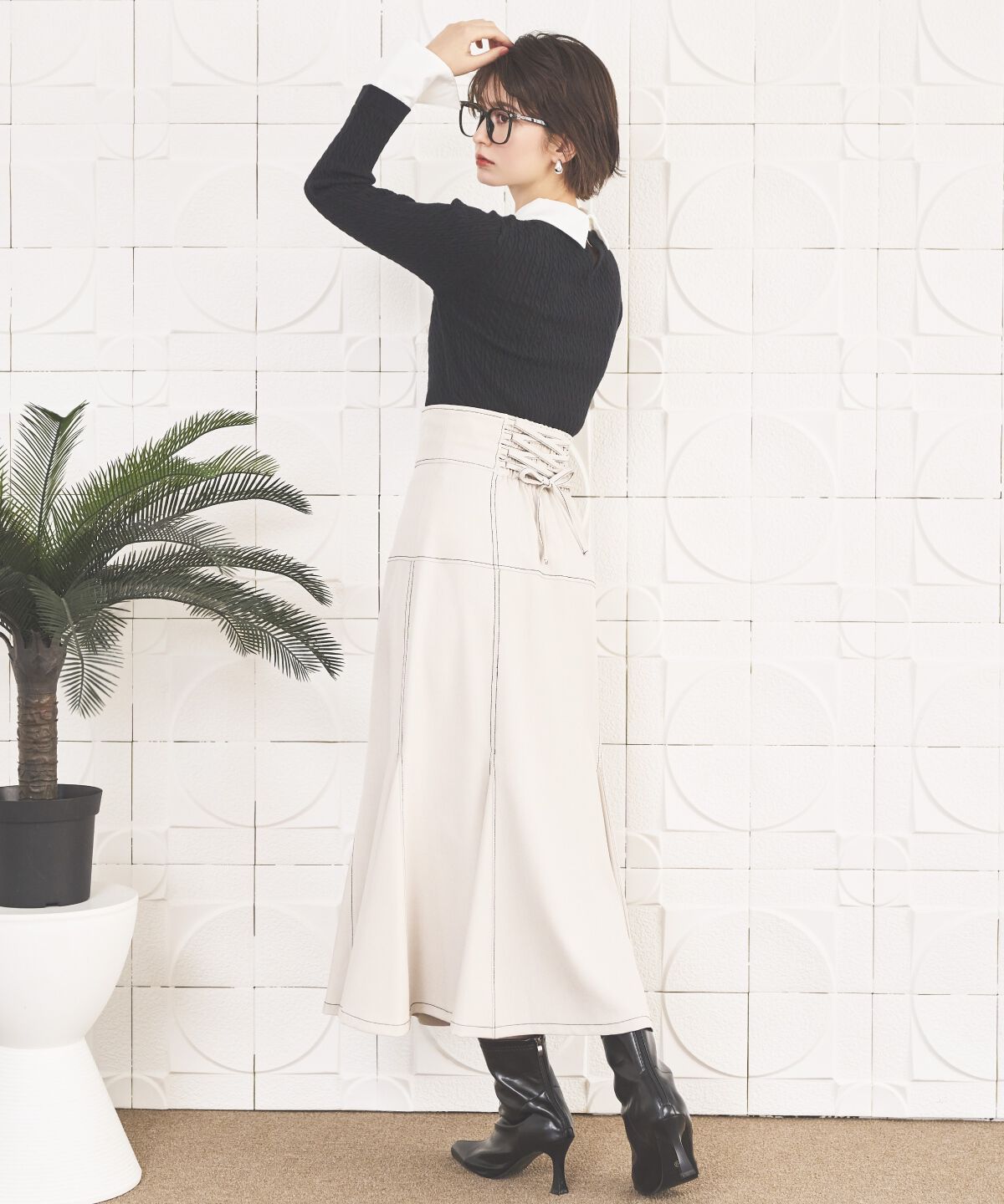 アンドクチュール「シャツレイヤード風ケーブル編みプルオーバー」|ニット・セーター|