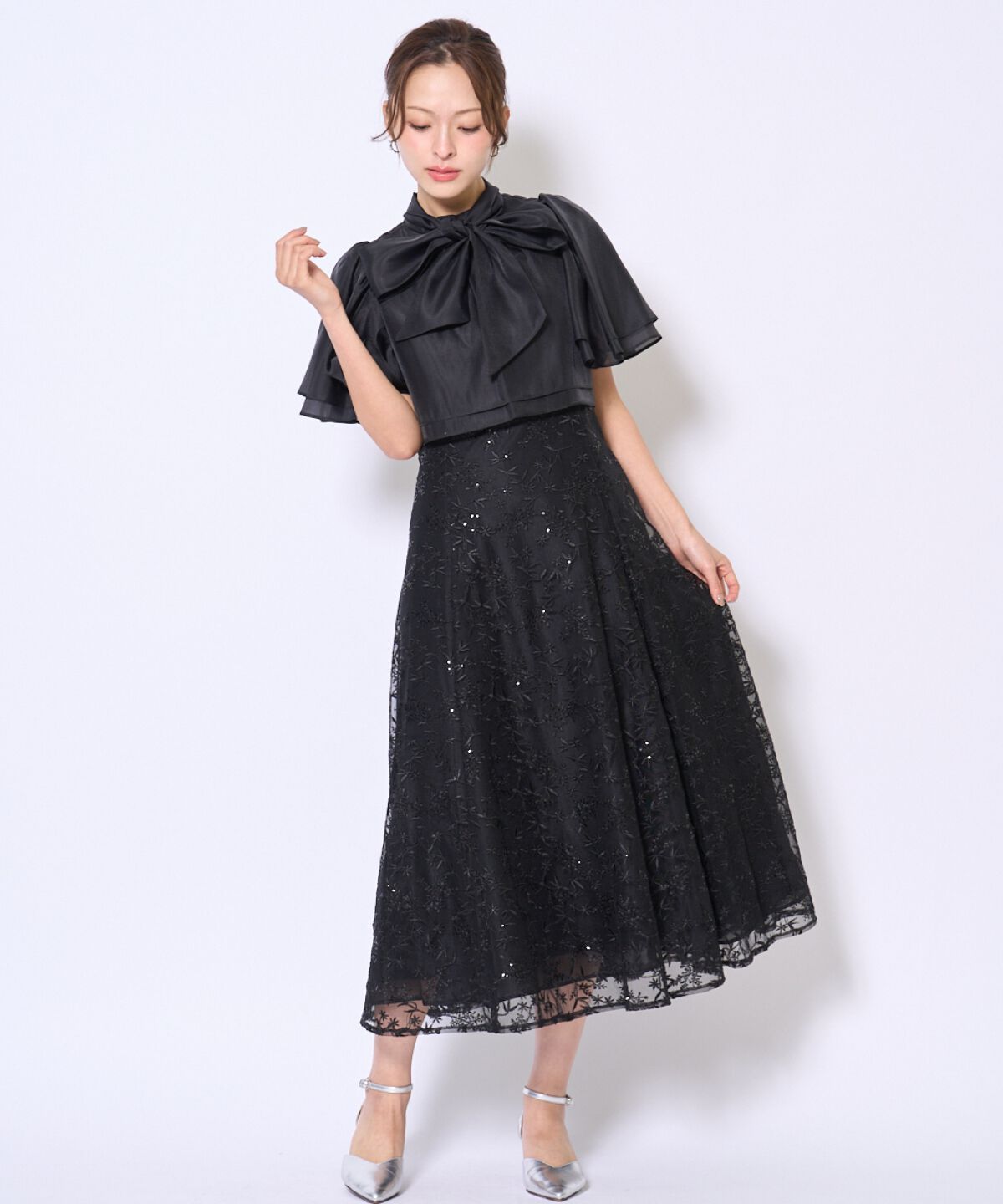 アンドクチュール「ラメボタニカルレースレイヤードドレス」|ドレス|