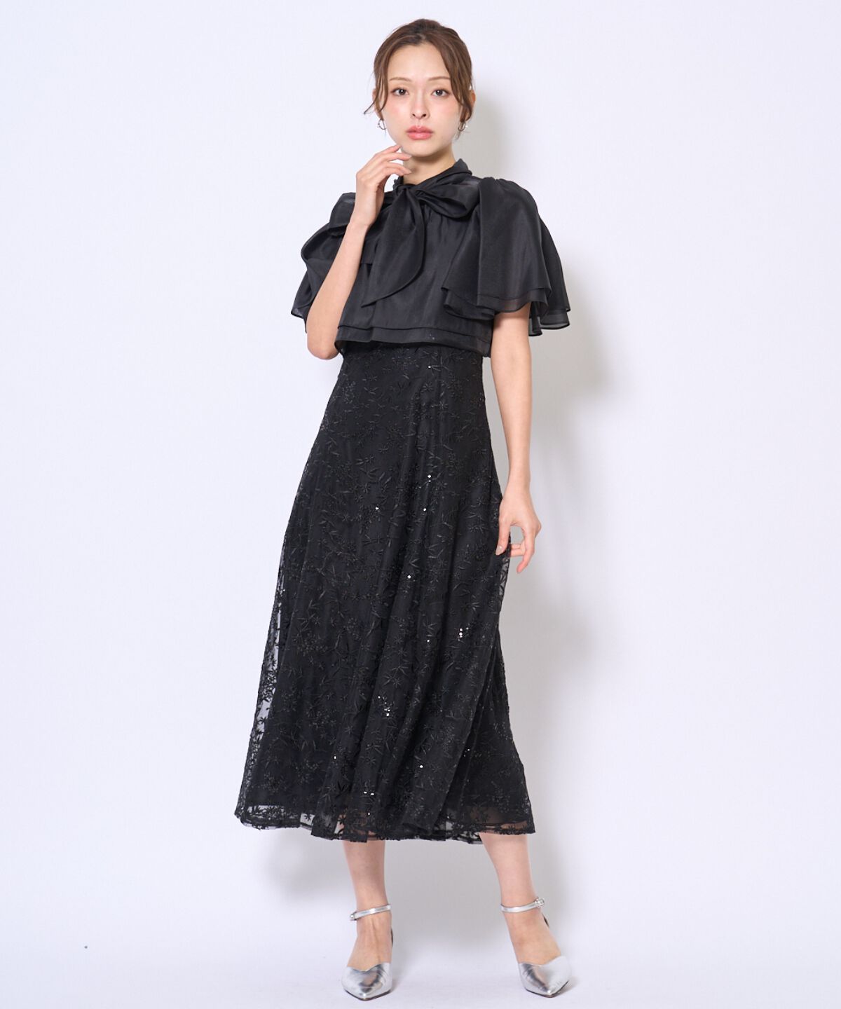 アンドクチュール「ラメボタニカルレースレイヤードドレス」|ドレス|