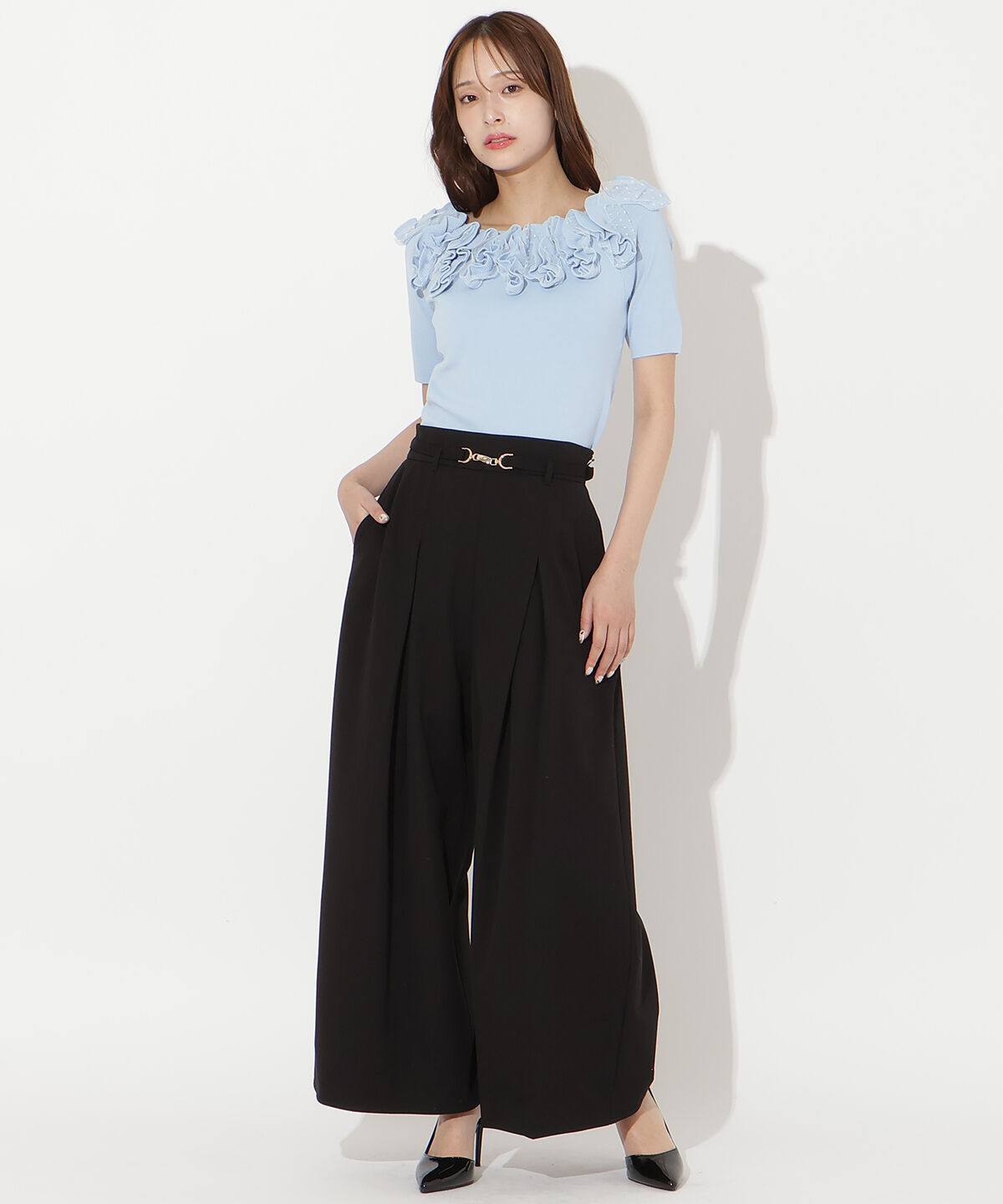 アンドクチュール「ハイウエストタックワイドパンツ」|その他|ブラック