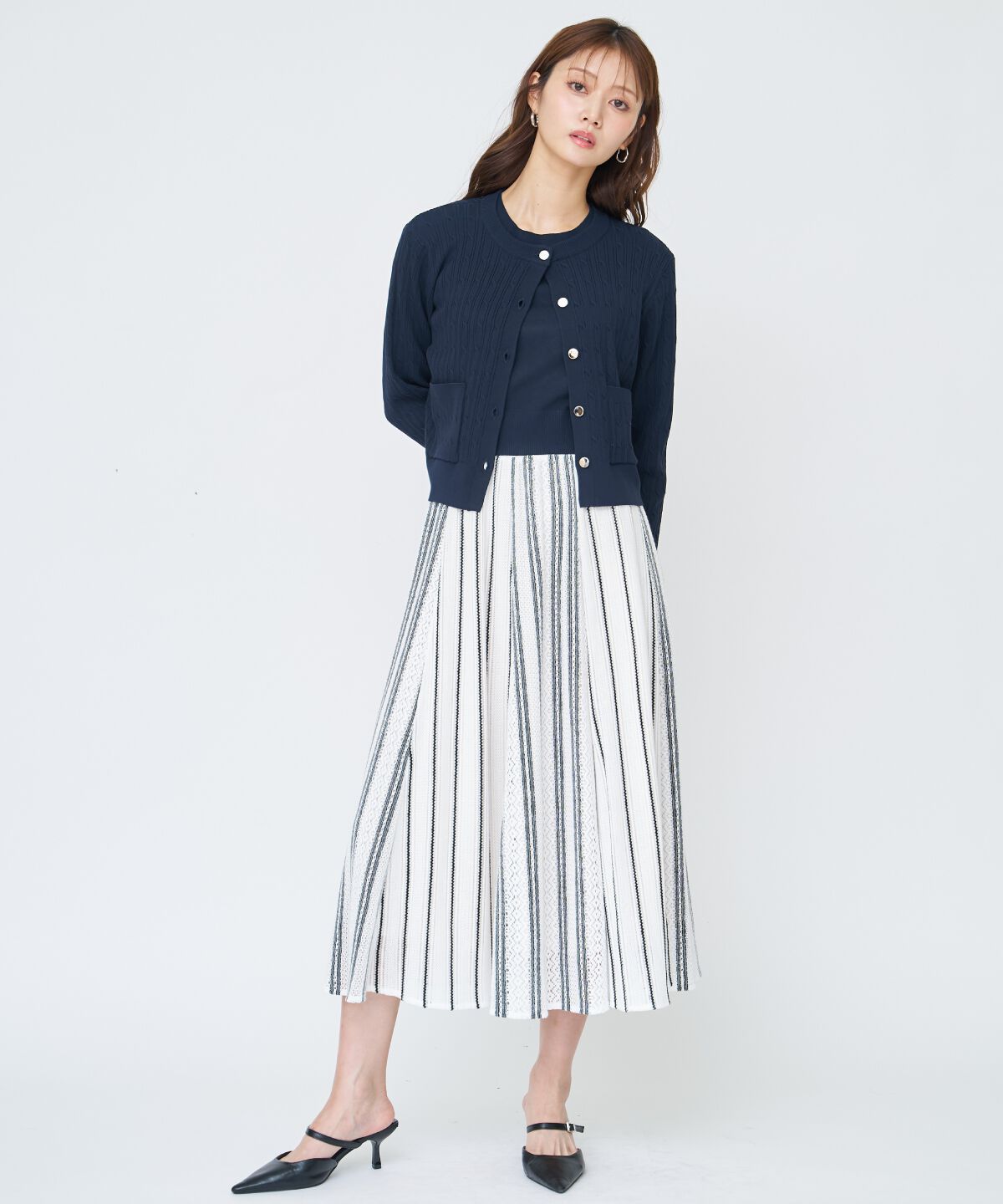 アンドクチュール「ラッセルストライプロングスカート」|フレア|