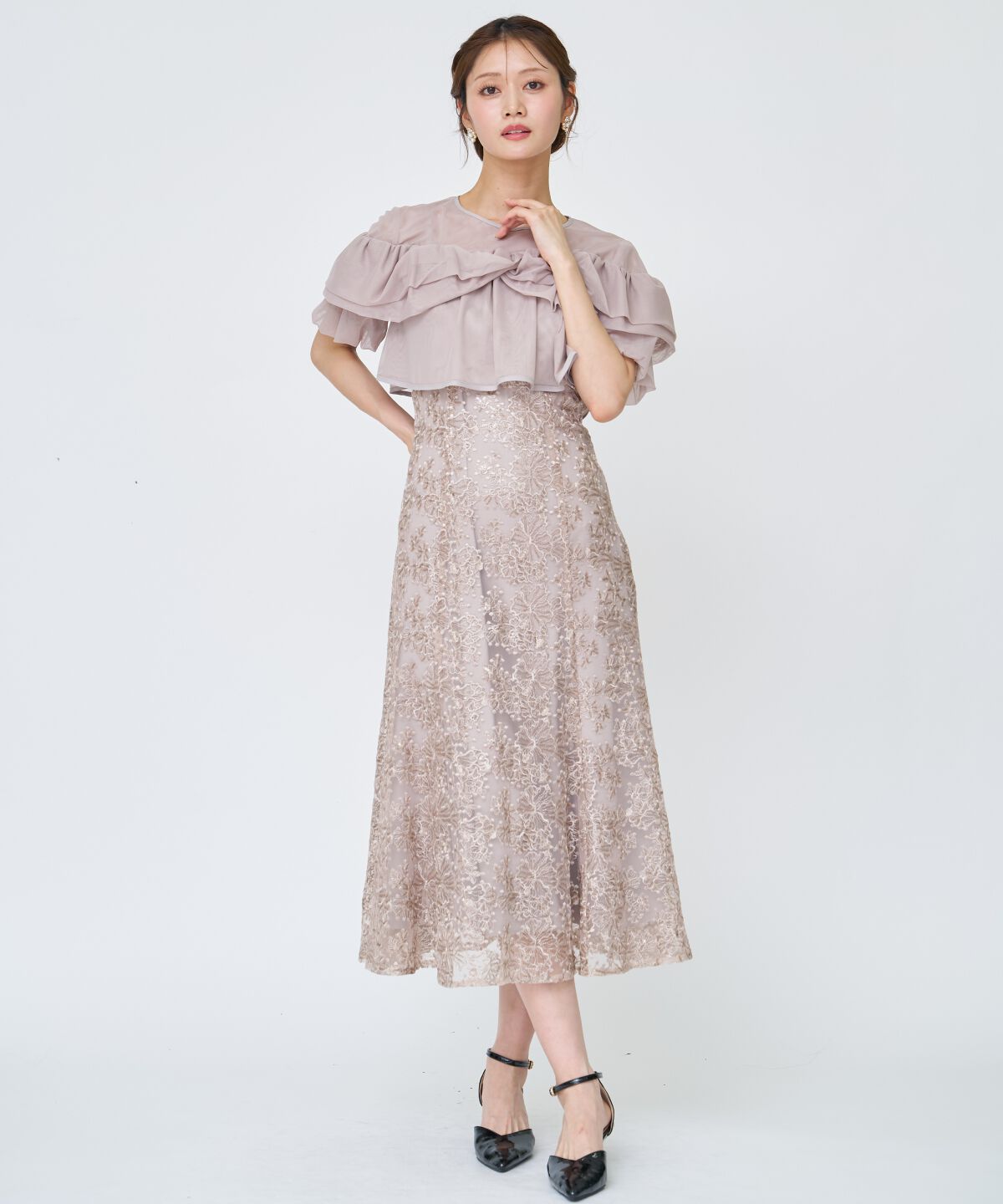 アンドクチュール「チュールレイヤードスパンコールドレス」|ドレス|ピンク