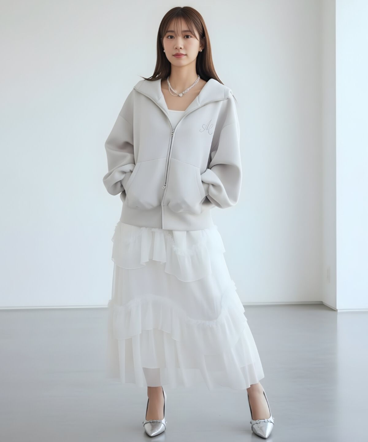 アンドクチュール「ロゴ刺繍ボンディングZIPパーカー」|パーカー|ライトグレー