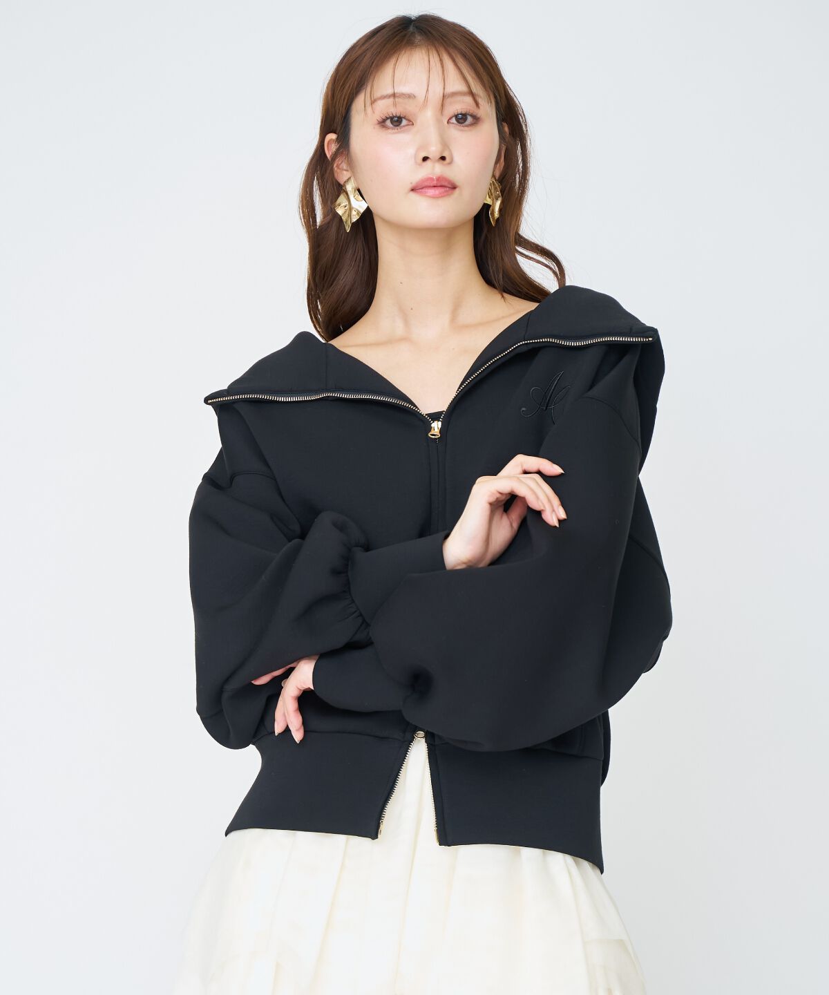 アンドクチュール「ロゴ刺繍ボンディングZIPパーカー」|パーカー|ブラック