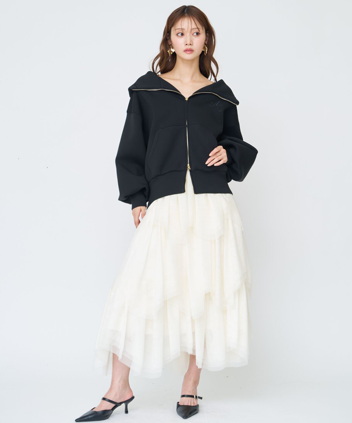 アンドクチュール「ロゴ刺繍ボンディングZIPパーカー」|パーカー|