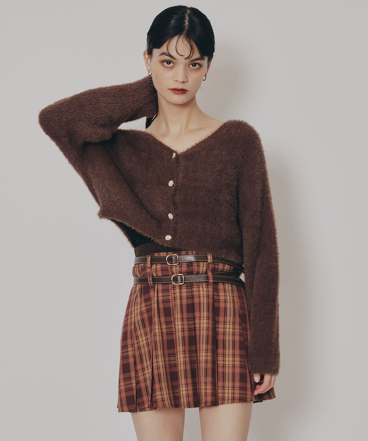 REDYAZEL「ダブルベルトチェックプリーツミニスカート」|フレア|