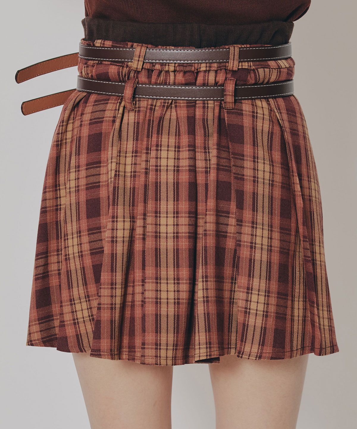 REDYAZEL「ダブルベルトチェックプリーツミニスカート」|フレア|