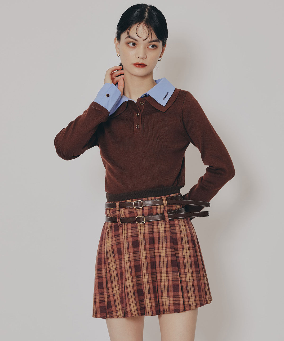 REDYAZEL「ダブルベルトチェックプリーツミニスカート」|フレア|
