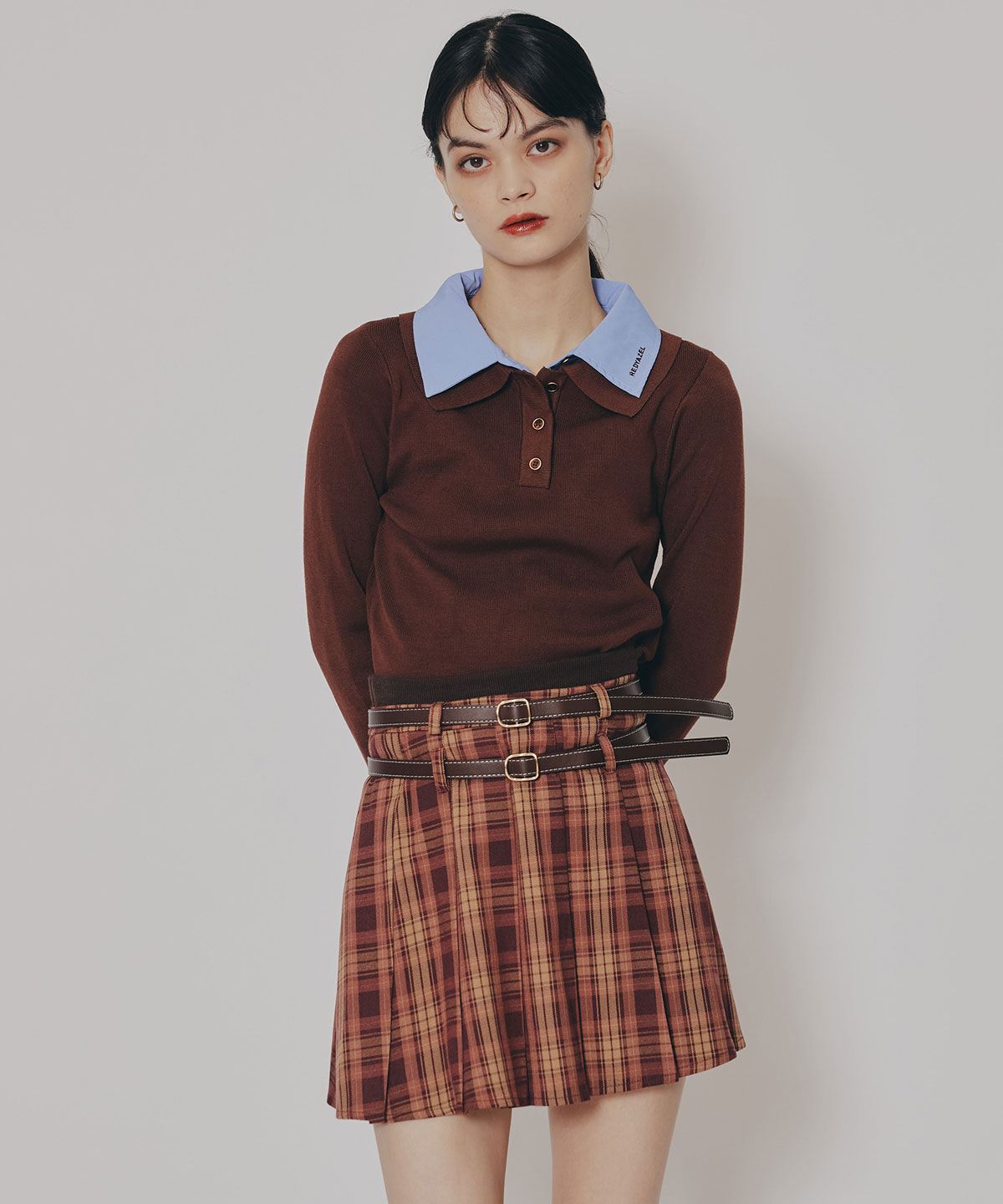REDYAZEL「ダブルベルトチェックプリーツミニスカート」|フレア|