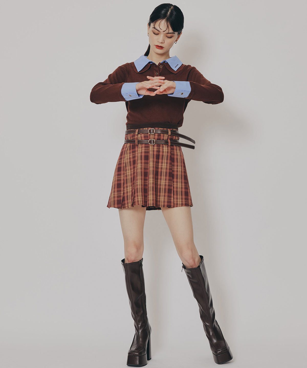REDYAZEL「ダブルベルトチェックプリーツミニスカート」|フレア|