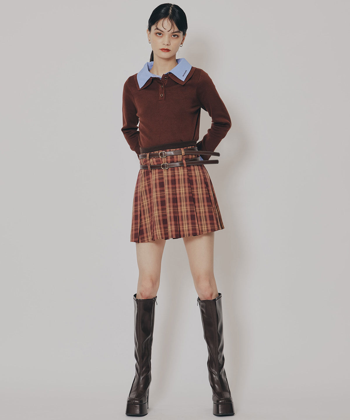 REDYAZEL「ダブルベルトチェックプリーツミニスカート」|フレア|
