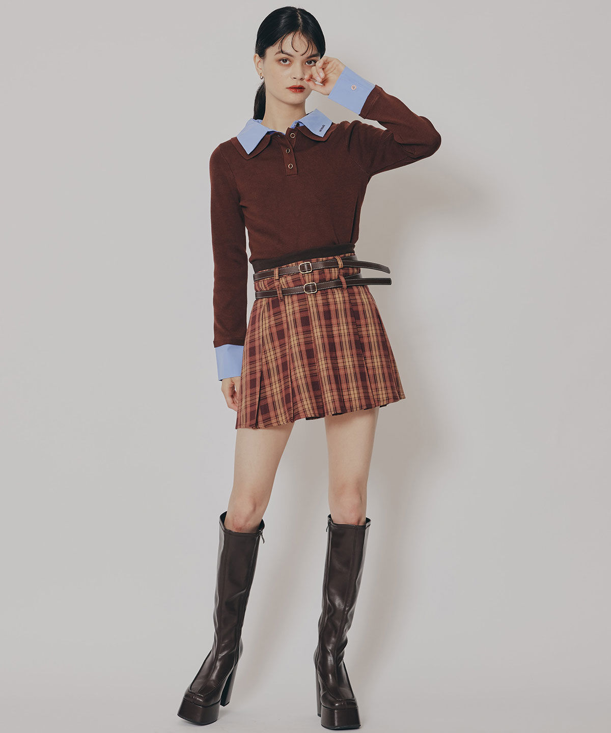 REDYAZEL「ダブルベルトチェックプリーツミニスカート」|フレア|