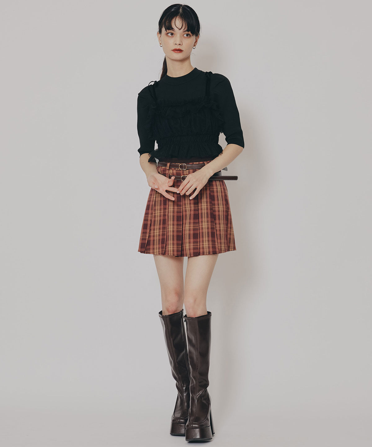 REDYAZEL「ダブルベルトチェックプリーツミニスカート」|フレア|