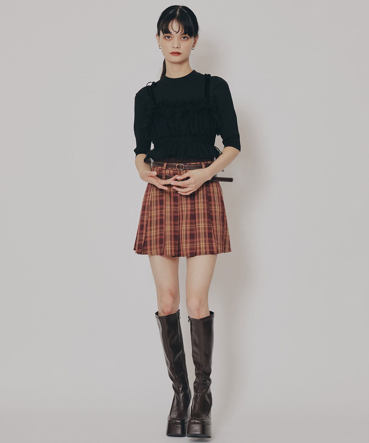 REDYAZEL「ダブルベルトチェックプリーツミニスカート」|フレア|