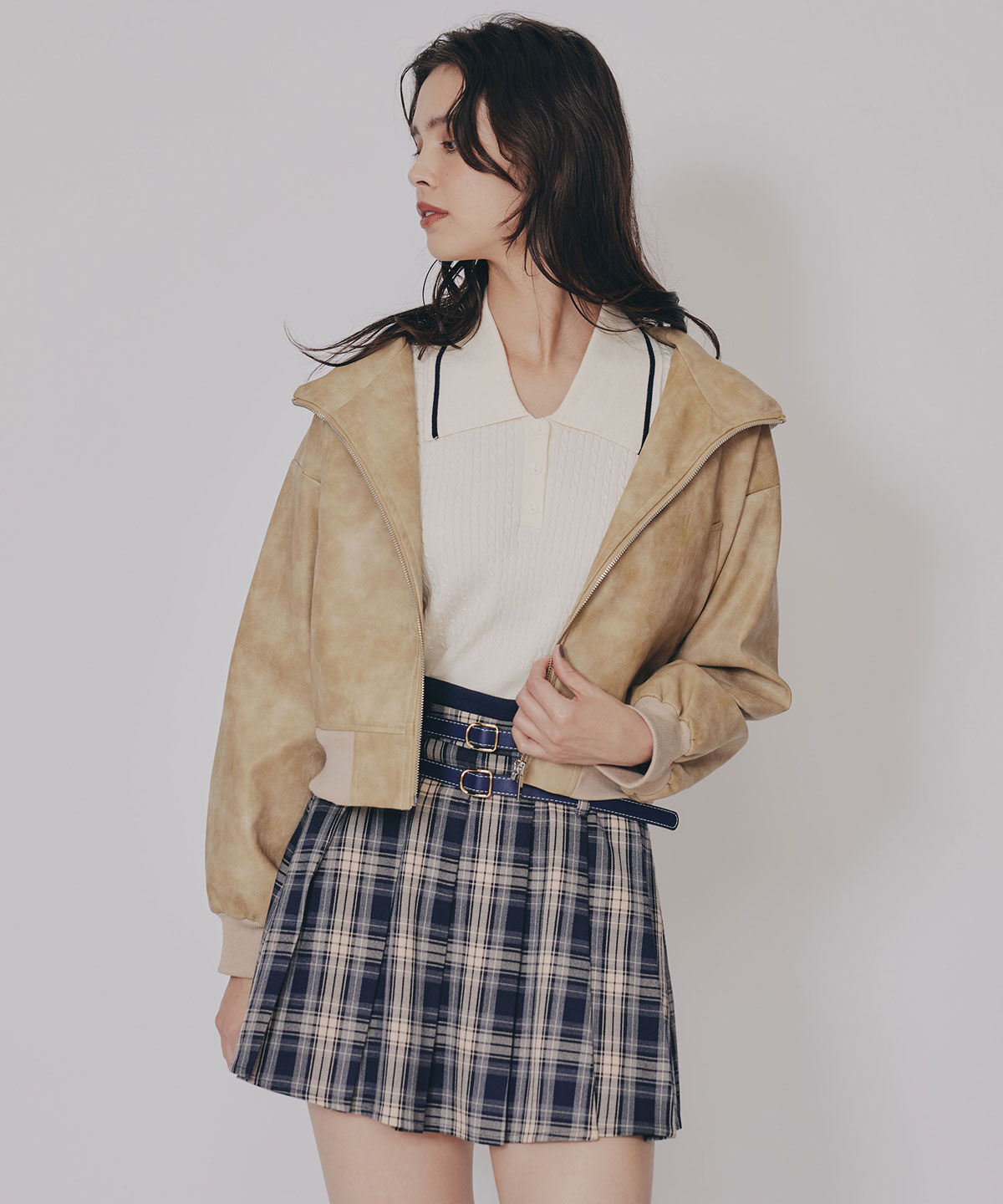 REDYAZEL「ダブルベルトチェックプリーツミニスカート」|フレア|