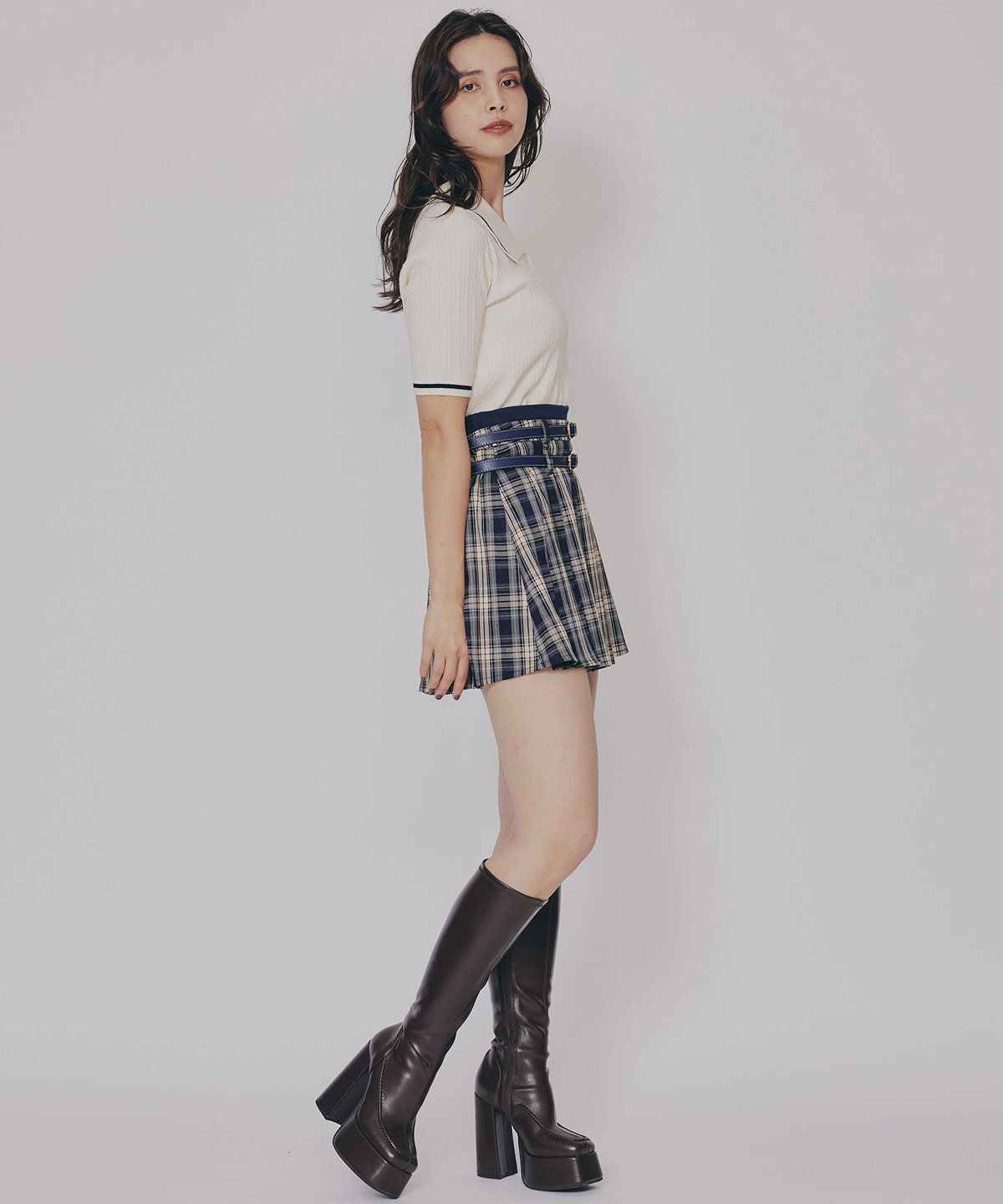REDYAZEL「ダブルベルトチェックプリーツミニスカート」|フレア|