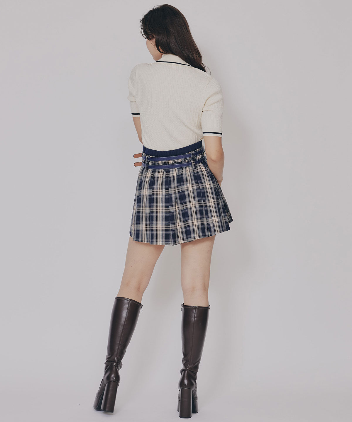REDYAZEL「ダブルベルトチェックプリーツミニスカート」|フレア|