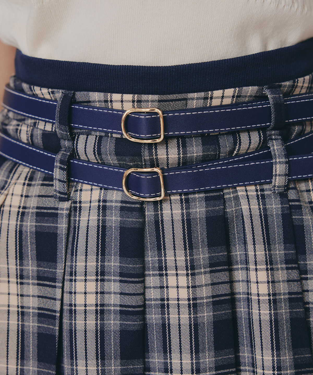 REDYAZEL「ダブルベルトチェックプリーツミニスカート」|フレア|