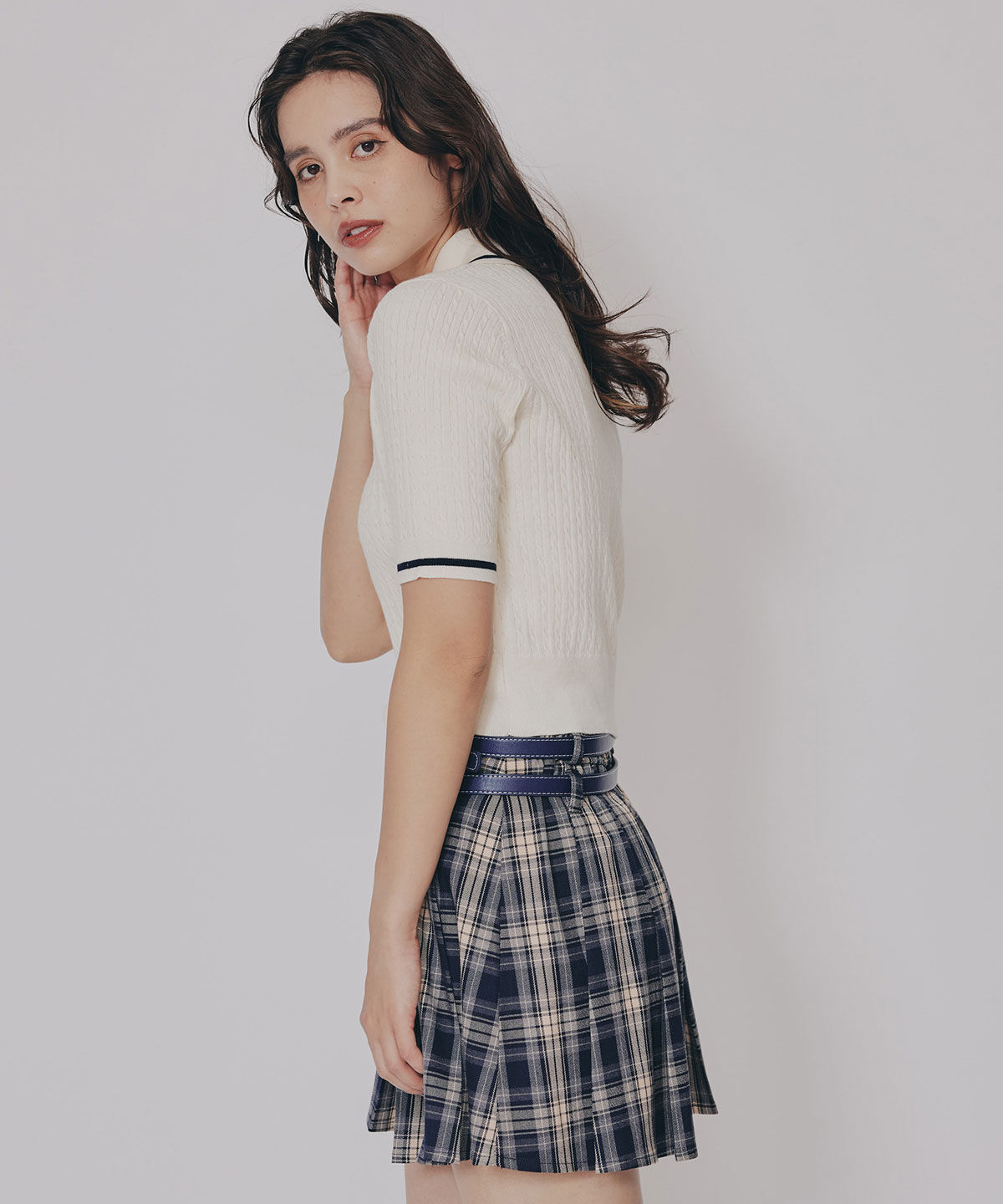 REDYAZEL「ダブルベルトチェックプリーツミニスカート」|フレア|