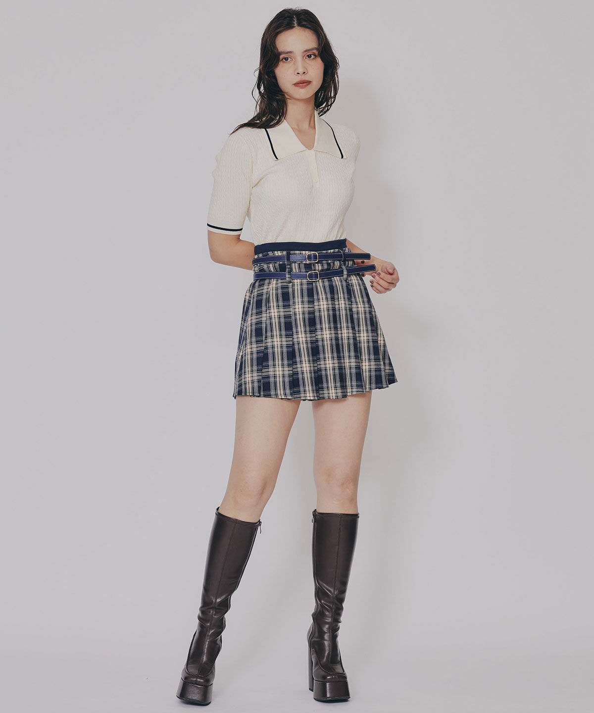 REDYAZEL「ダブルベルトチェックプリーツミニスカート」|フレア|