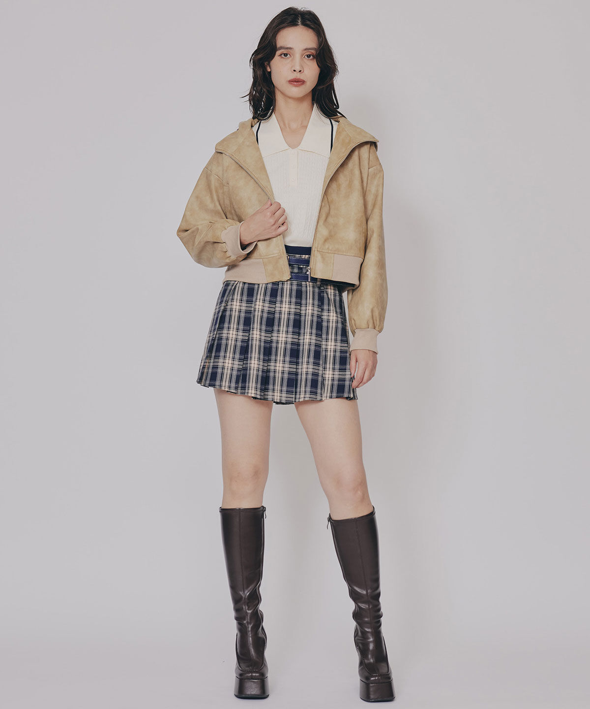REDYAZEL「ダブルベルトチェックプリーツミニスカート」|フレア|