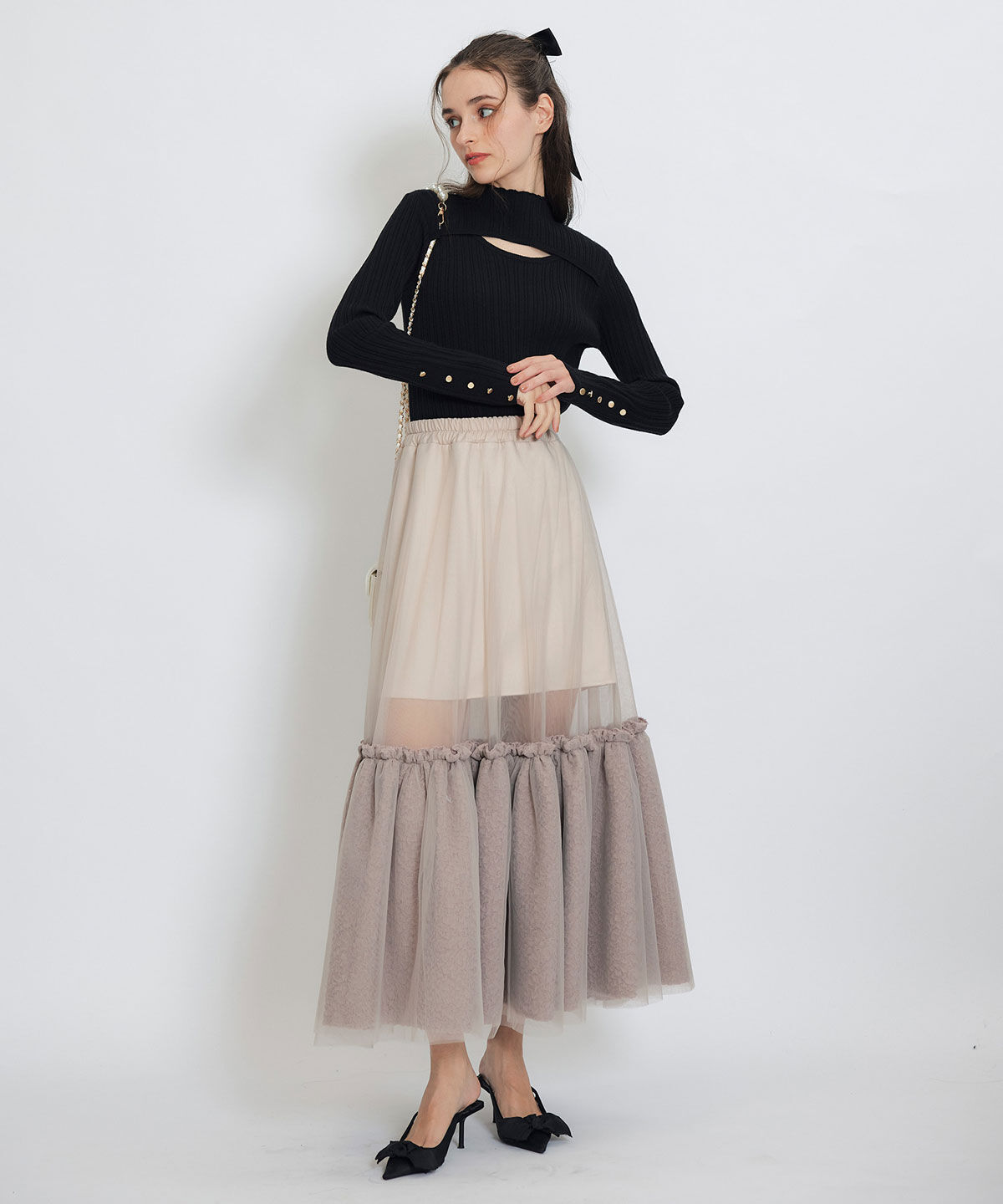 REDYAZEL「ボリュームシアーチュールフレアロングスカート」|フレア|