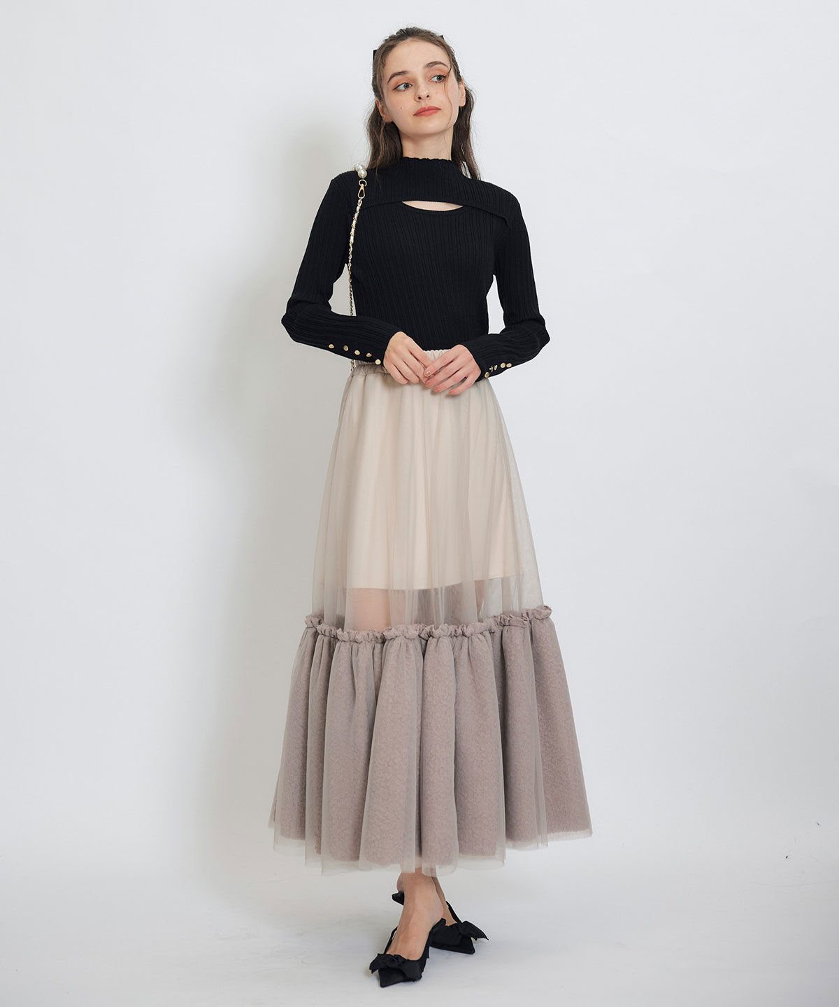 REDYAZEL「ボリュームシアーチュールフレアロングスカート」|フレア|