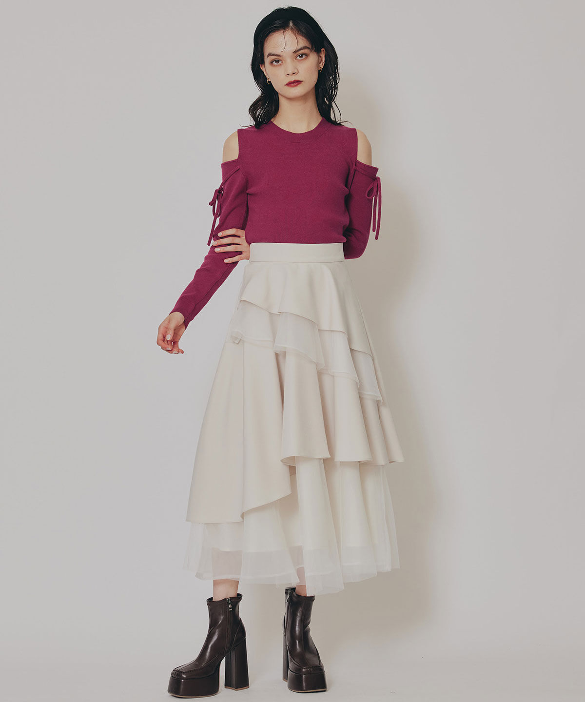 REDYAZEL「シアーMIXティアードロングスカート」|フレア|