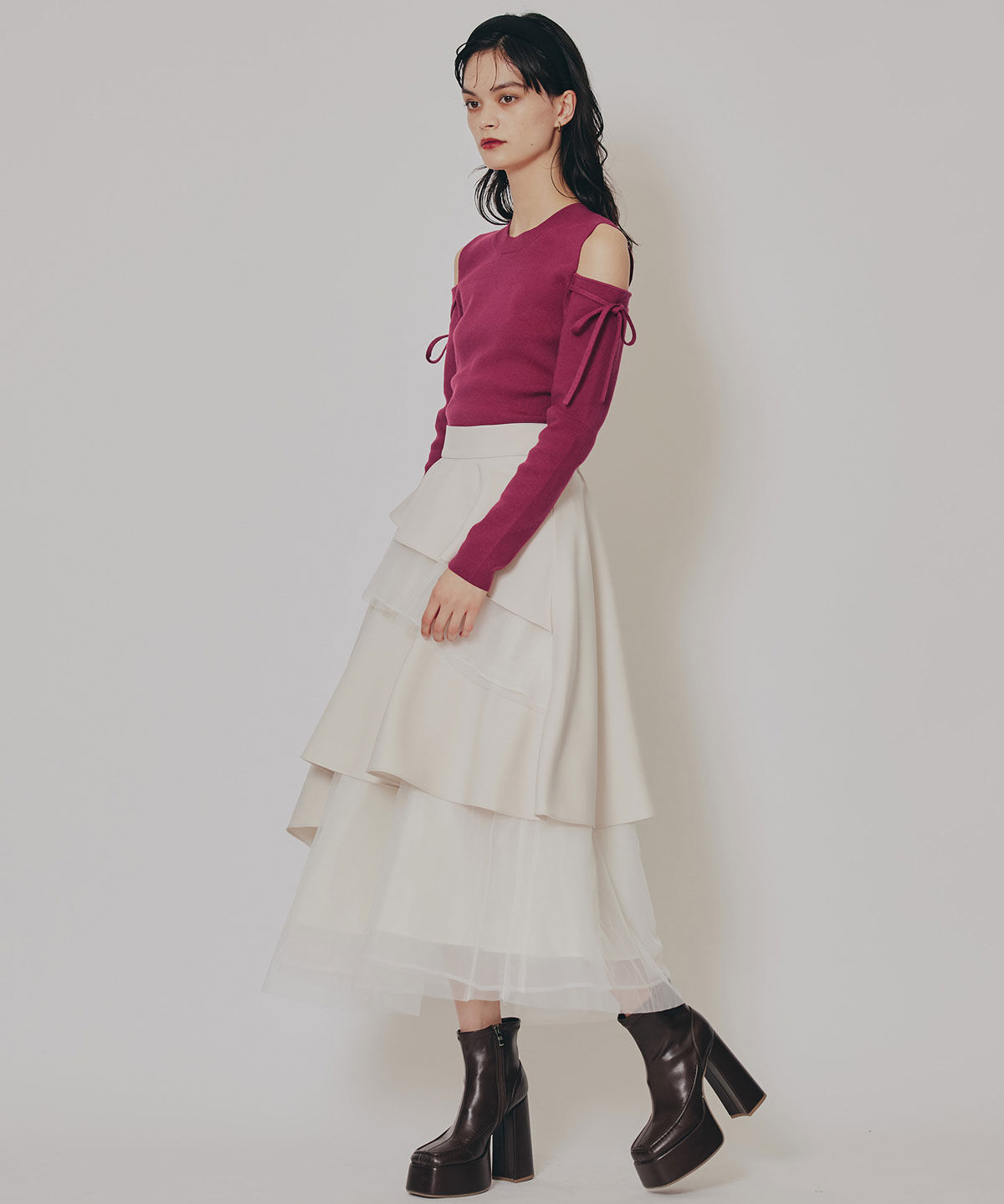 REDYAZEL「シアーMIXティアードロングスカート」|フレア|