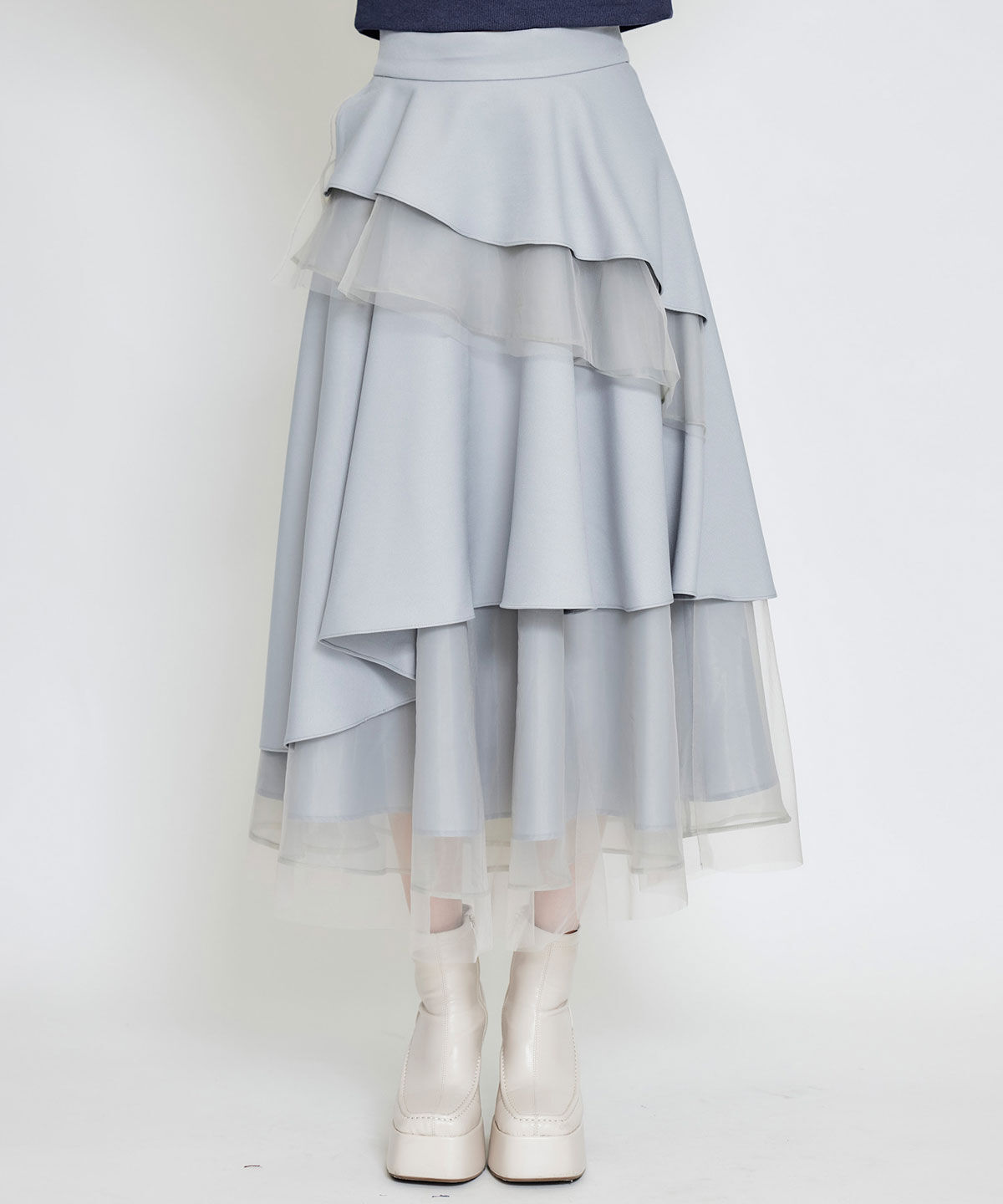 REDYAZEL「シアーMIXティアードロングスカート」|フレア|ライトグレー