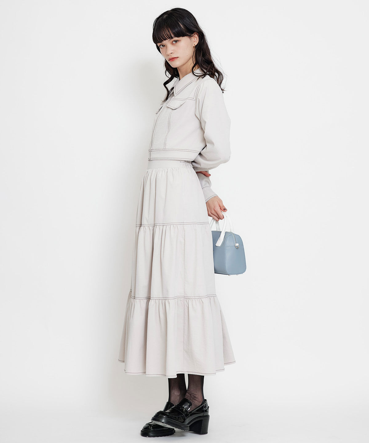 REDYAZEL「バイカラーステッチティアードロングスカート」|フレア|ベージュ