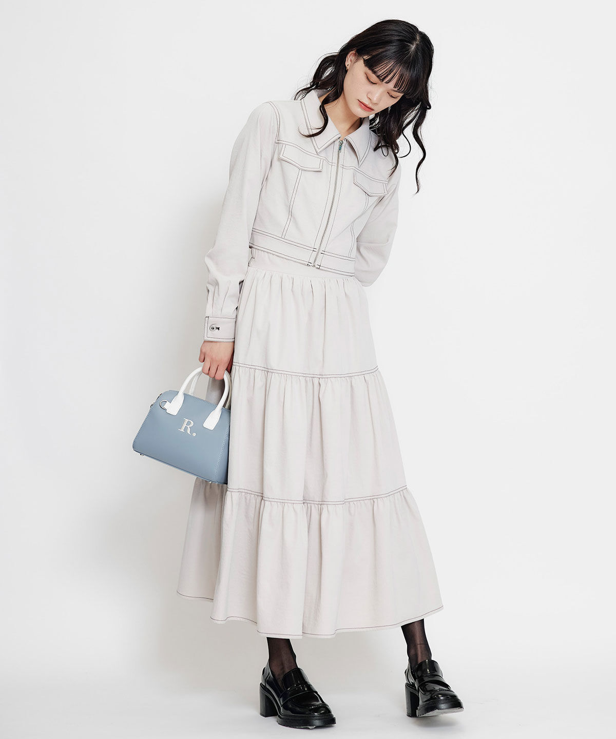 REDYAZEL「バイカラーステッチティアードロングスカート」|フレア|