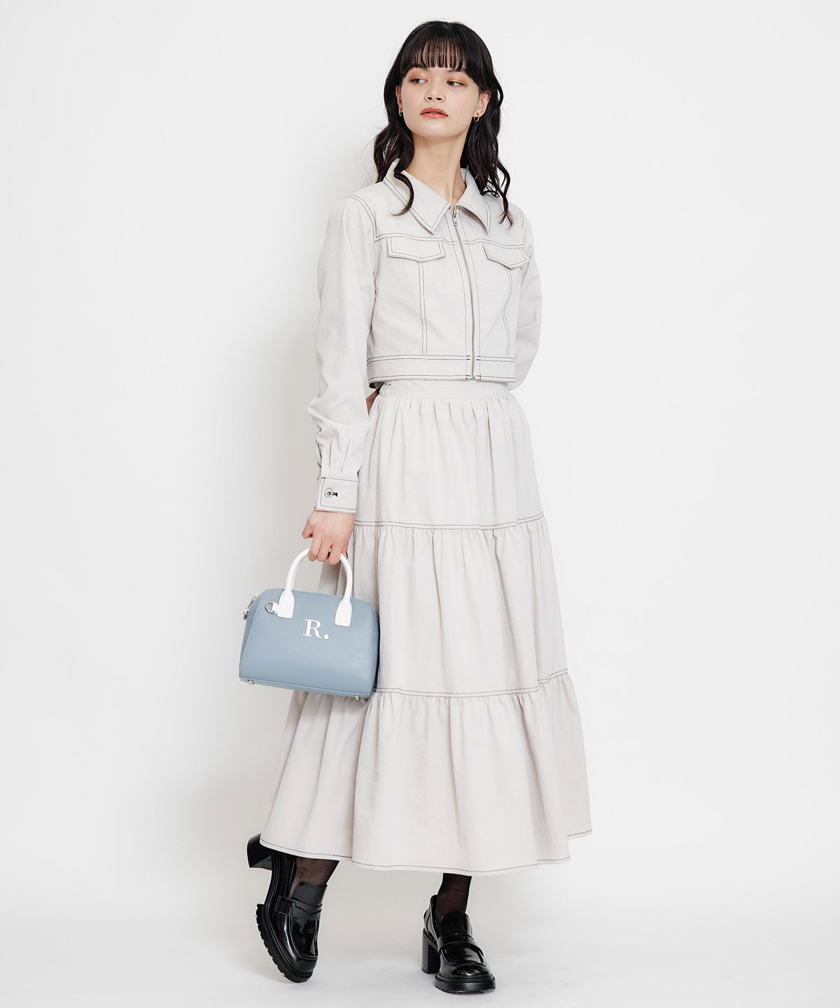 REDYAZEL「バイカラーステッチティアードロングスカート」|フレア|